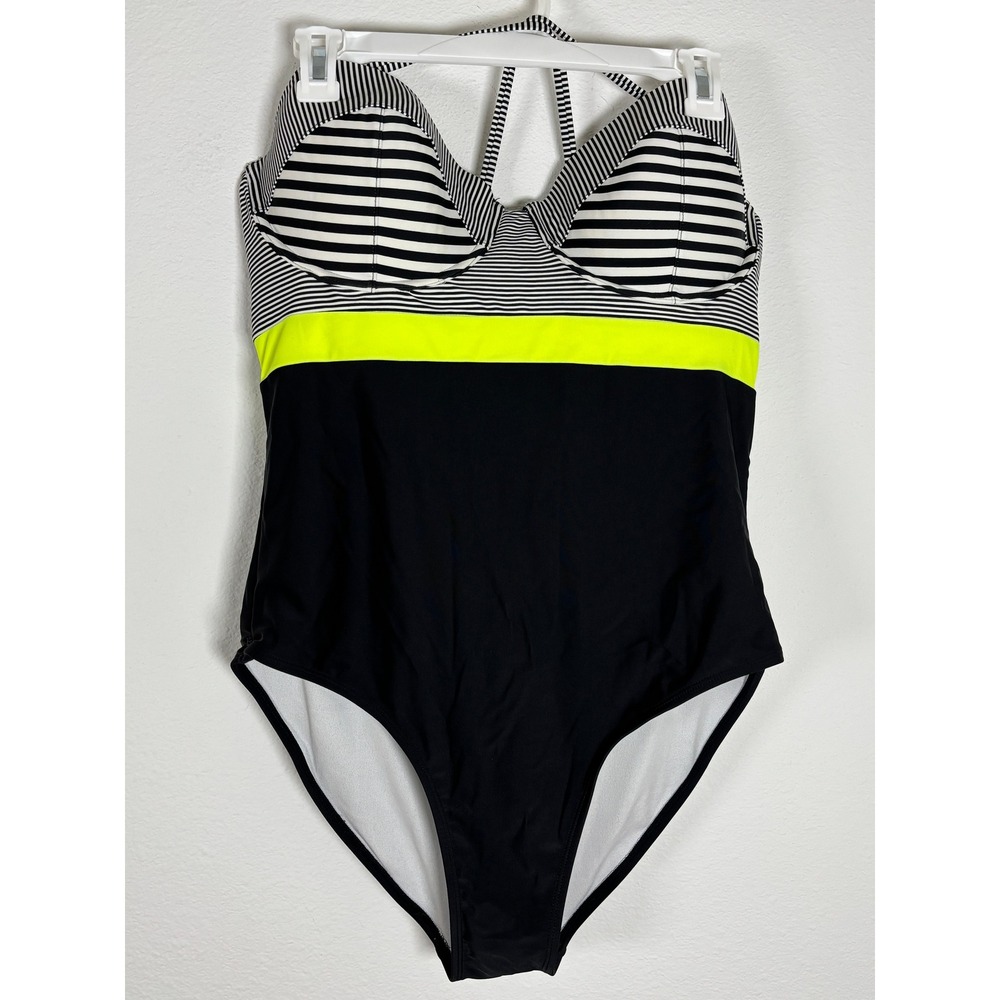Old Navy Womens XL One Piece Swimsuit Striped Colorblock Neon Yellow Black White